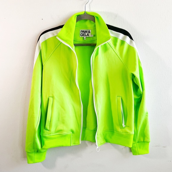 Pam & Gela Jacket; Solid Track Jacket in Lime w/ Black & White Stripes Sz M GUC - Picture 6 of 12